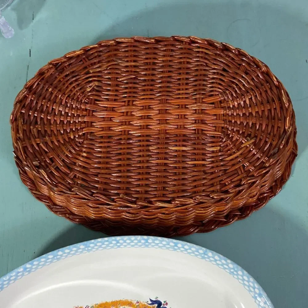 VTG Teamson 1995 Oval Stoneware Ceramic Casserole Dish with Wicker Serving Baske